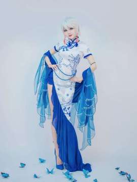 "Vocaloid Family" Yan dia adalah porselen biru dan putih cheongsam c o s p l a y